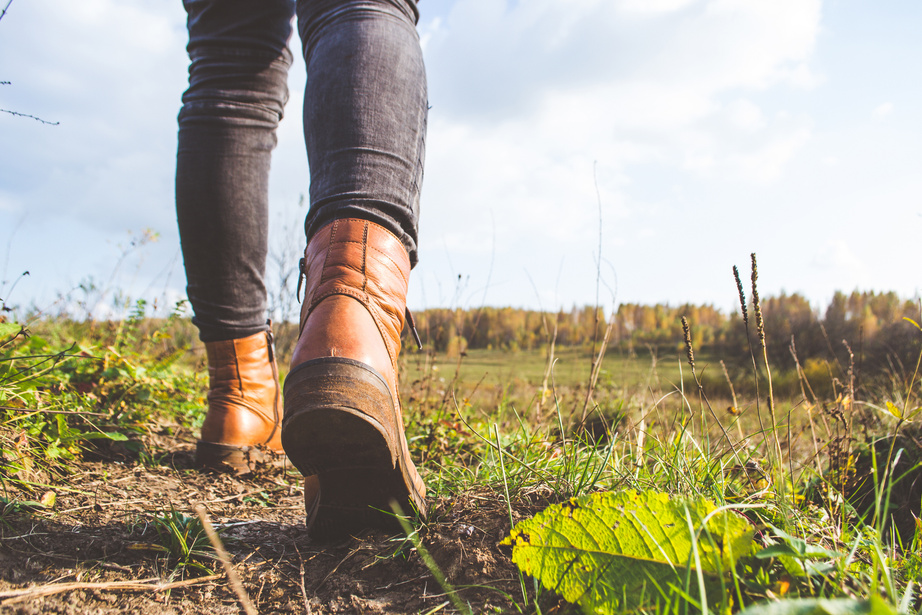 Female legs shod in Hiking boots on the forest background